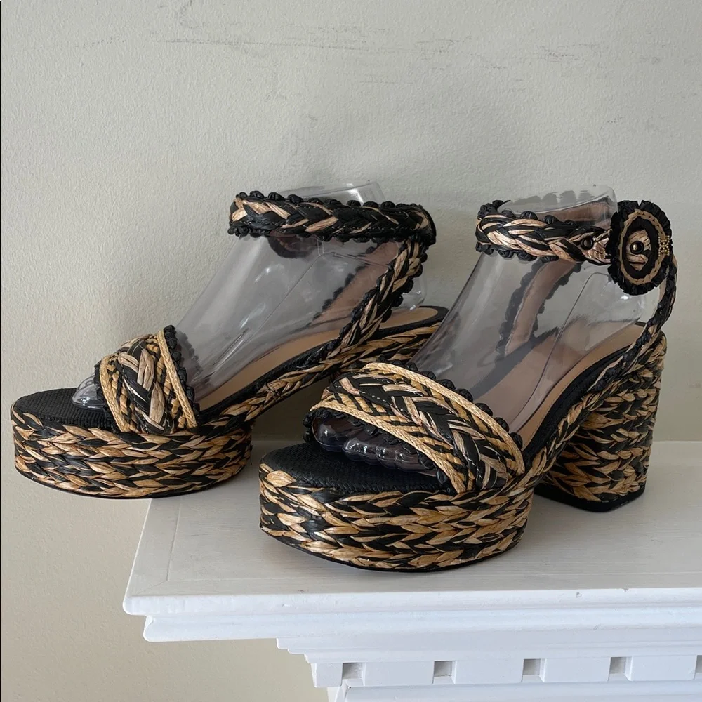 Sam Edelman Iliana Woven Platform Ankle-Strap Sandals Black & Natural Size 9.5